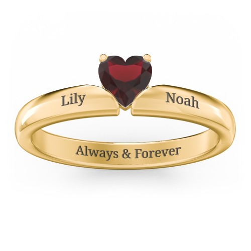 Solitaire Heart Gemstone Ring with Engravable Band – 10K Yellow Gold with Garnet
