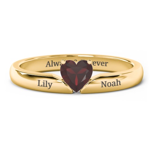 Solitaire Heart Gemstone Ring with Engravable Band – 10K Yellow Gold with Garnet