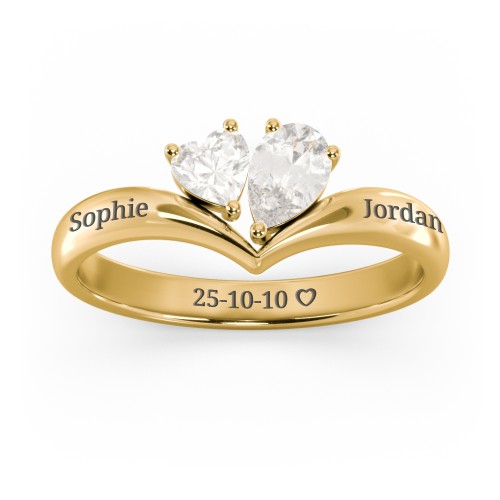 Toi et Moi Heart and Pear Gemstone Ring with V-Shape Band – 18K Gold Plated Silver with Cubic Zirconia