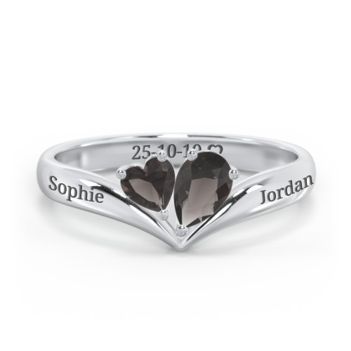 Toi et Moi Heart and Pear Gemstone Ring with V-Shape Band