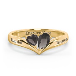 Toi et Moi Heart and Pear Gemstone Ring with V-Shape Band in 18K Gold Plated Silver with Smokey Quartz