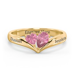 Toi et Moi Heart and Pear Gemstone Ring with V-Shape Band in 18K Gold Plated Silver with Pink Tourmaline