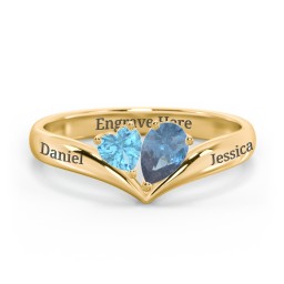 Toi et Moi Heart and Pear Gemstone Ring with V-Shape Band in 18K Gold Plated Silver with Blue Topaz