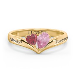 Toi et Moi Heart and Pear Gemstone Ring with V-Shape Band in 18K Gold Plated Silver with Ruby and Pink Tourmaline