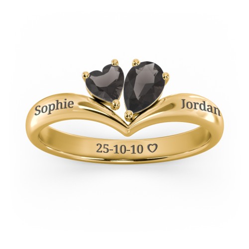 Toi et Moi Heart and Pear Gemstone Ring with V-Shape Band – 18K Gold Plated Silver with Smokey Quartz