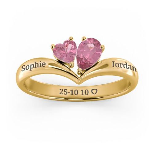 Toi et Moi Heart and Pear Gemstone Ring with V-Shape Band – 18K Gold Plated Silver with Pink Tourmaline