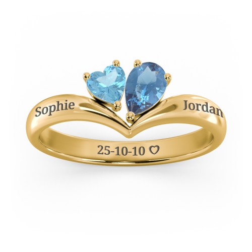 Toi et Moi Heart and Pear Gemstone Ring with V-Shape Band – 18K Gold Plated Silver with Blue Topaz