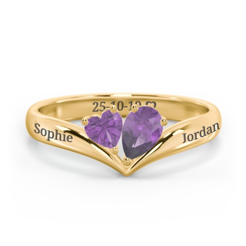 Toi et Moi Heart and Pear Gemstone Ring with V-Shape Band – 18K Gold Plated Silver with Amethyst