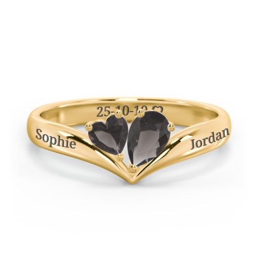 Toi et Moi Heart and Pear Gemstone Ring with V-Shape Band – 18K Gold Plated Silver with Smokey Quartz