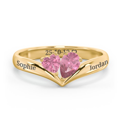 Toi et Moi Heart and Pear Gemstone Ring with V-Shape Band – 18K Gold Plated Silver with Pink Tourmaline