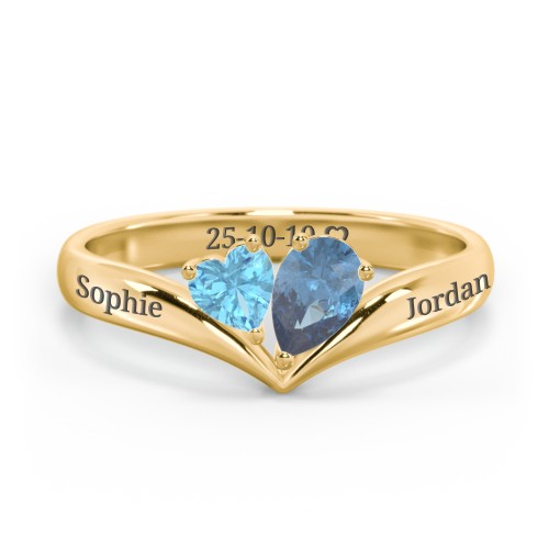 Toi et Moi Heart and Pear Gemstone Ring with V-Shape Band – 18K Gold Plated Silver with Blue Topaz