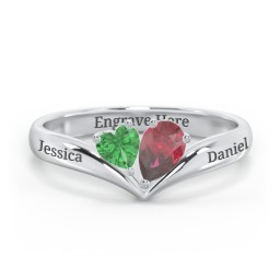 Toi et Moi Heart and Pear Gemstone Ring with V-Shape Band in 925 Sterling Silver with Emerald and Ruby