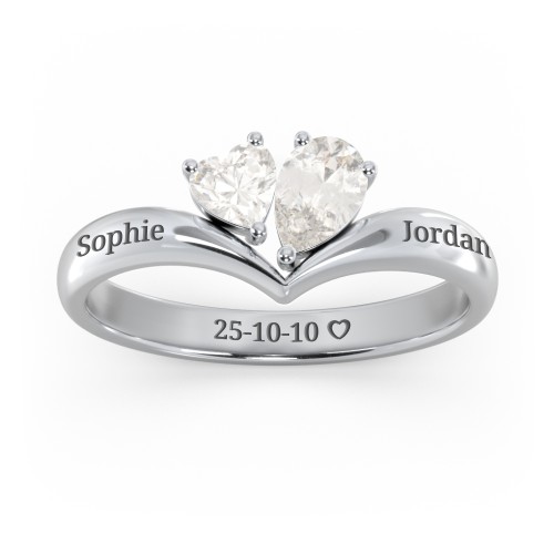 Toi et Moi Heart and Pear Gemstone Ring with V-Shape Band – Sterling Silver with Cubic Zirconia