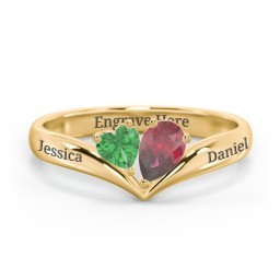 Toi et Moi Heart and Pear Gemstone Ring with V-Shape Band in 10K Solid Yellow Gold with Emerald and Ruby