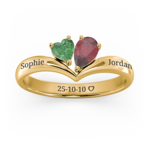 Toi et Moi Heart and Pear Gemstone Ring with V-Shape Band – 10K Yellow Gold with Emerald and Ruby