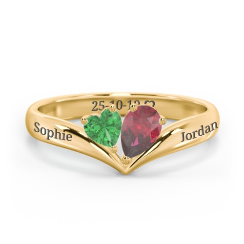 Toi et Moi Heart and Pear Gemstone Ring with V-Shape Band – 10K Yellow Gold with Emerald and Ruby