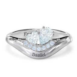 Toi et Moi Heart and Pear Gemstone Ring with Curved Band and Accent Stones