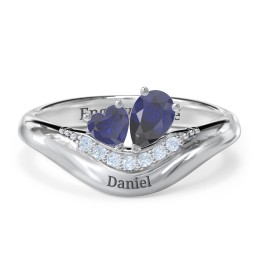 Toi et Moi Heart and Pear Gemstone Ring with Curved Band and Accent Stones