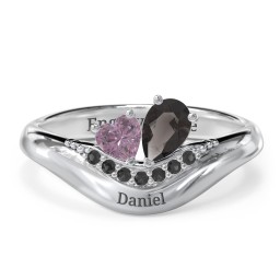 Toi et Moi Heart and Pear Gemstone Ring with Curved Band and Accent Stones