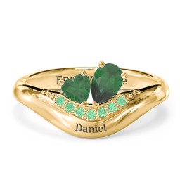 Toi et Moi Heart and Pear Gemstone Ring with Curved Band and Accent Stones in 18K Gold Plated Silver with Emerald and Green Premium Zirconia