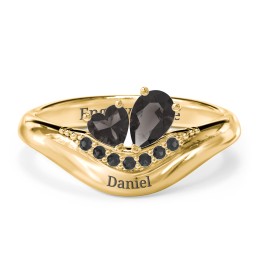 Toi et Moi Heart and Pear Gemstone Ring with Curved Band and Accent Stones in 18K Gold Plated Silver with Smokey Quartz and Black Premium Zirconia