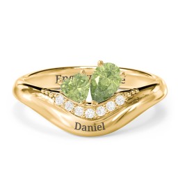Toi et Moi Heart and Pear Gemstone Ring with Curved Band and Accent Stones in 18K Gold Plated Silver with Peridot and Fancy Yellow Premium Zirconia