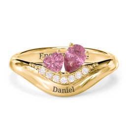 Toi et Moi Heart and Pear Gemstone Ring with Curved Band and Accent Stones in 18K Gold Plated Silver with Pink Tourmaline and Fancy Pink Premium Zirconia