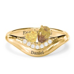 Toi et Moi Heart and Pear Gemstone Ring with Curved Band and Accent Stones in 18K Gold Plated Silver with Citrine and White Premium Zirconia