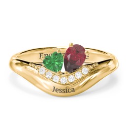 Toi et Moi Heart and Pear Gemstone Ring with Curved Band and Accent Stones in 18K Gold Plated Silver with Emerald, Ruby, and White Premium Zirconia