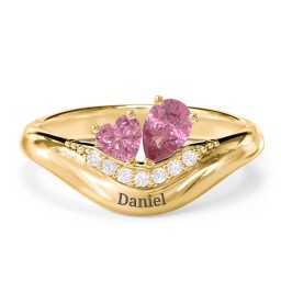 Toi et Moi Heart and Pear Gemstone Ring with Curved Band and Accent Stones in 18K Gold Plated Silver with Pink Tourmaline and Fancy Pink Premium Zirconia