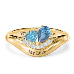 Toi et Moi Heart and Pear Gemstone Ring with Curved Band and Accent Stones in 18K Gold Plated Silver with Blue Topaz and Fancy Blue Premium Zirconia