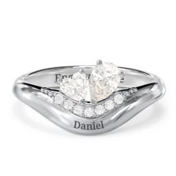 Toi et Moi Heart and Pear Gemstone Ring with Curved Band and Accent Stones in 925 Sterling Silver with Cubic Zirconia and White Premium Zirconia