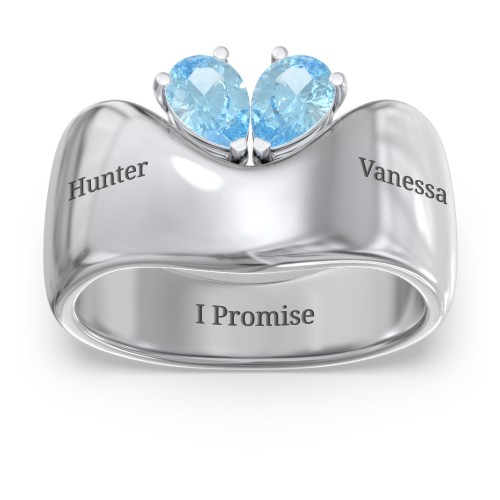 Toi et Moi Pear Gemstone Ring with Wide Curved Band – Sterling Silver with Blue Topaz