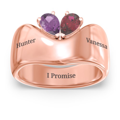 Toi et Moi Pear Gemstone Ring with Wide Curved Band – 10K Rose Gold with Amethyst and Ruby