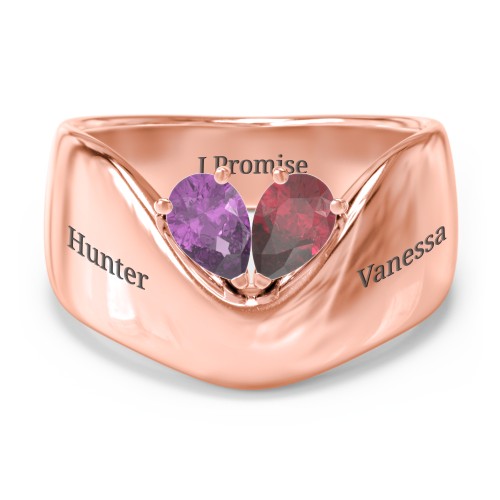 Toi et Moi Pear Gemstone Ring with Wide Curved Band – 10K Rose Gold with Amethyst and Ruby