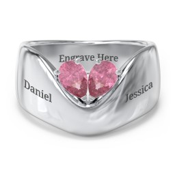 Toi et Moi Pear Gemstone Ring with Wide Curved Band in 925 Sterling Silver with Pink Tourmaline