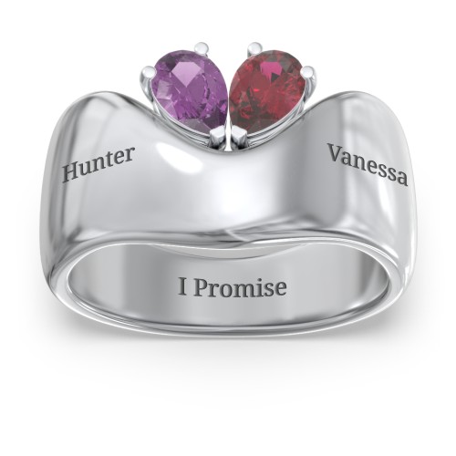 Toi et Moi Pear Gemstone Ring with Wide Curved Band – Sterling Silver with Amethyst and Ruby