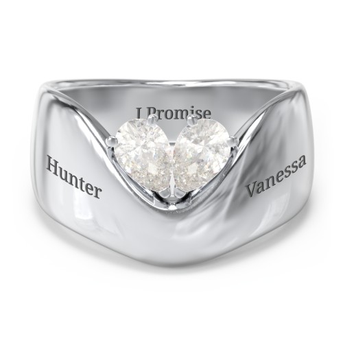 Toi et Moi Pear Gemstone Ring with Wide Curved Band – Sterling Silver with Cubic Zirconia