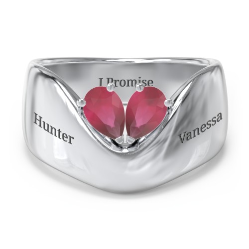 Toi et Moi Pear Gemstone Ring with Wide Curved Band – Sterling Silver with Ruby