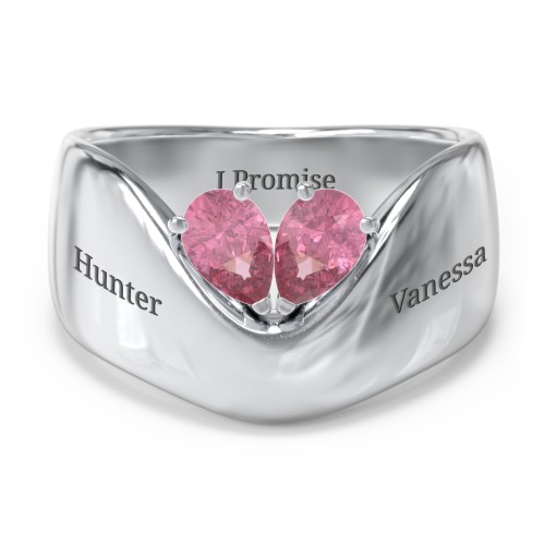 Toi et Moi Pear Gemstone Ring with Wide Curved Band – Sterling Silver with Pink Tourmaline