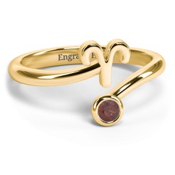 Zodiac Sign & Birthstone Bypass Ring in 18K Gold Plated Silver with Garnet