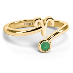 Zodiac Sign & Birthstone Bypass Ring in 18K Gold Plated Silver with Emerald