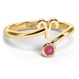 Zodiac Sign & Birthstone Bypass Ring in 18K Gold Plated Silver with Ruby