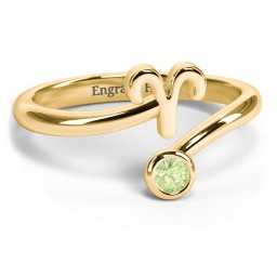 Zodiac Sign & Birthstone Bypass Ring in 18K Gold Plated Silver with Peridot