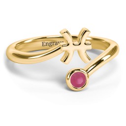 Zodiac Sign & Birthstone Bypass Ring in 18K Gold Plated Silver with Ruby