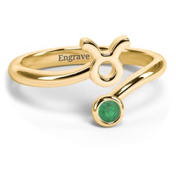 Zodiac Sign & Birthstone Bypass Ring in 18K Gold Plated Silver with Emerald