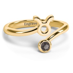 Zodiac Sign & Birthstone Bypass Ring in 18K Gold Plated Silver with Smokey Quartz