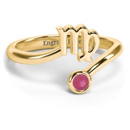 Zodiac Sign & Birthstone Bypass Ring in 18K Gold Plated Silver with Ruby