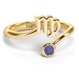 Zodiac Sign & Birthstone Bypass Ring in 18K Gold Plated Silver with Blue Sapphire