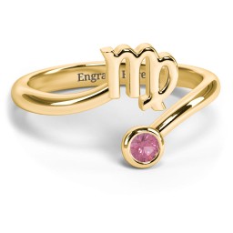 Zodiac Sign & Birthstone Bypass Ring in 18K Gold Plated Silver with Pink Tourmaline
